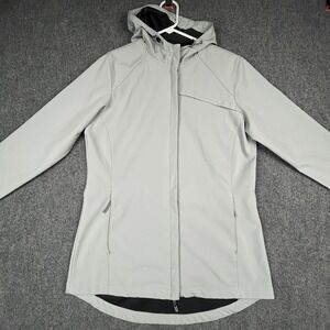 New Balance Softshell Jacket Women L Gray Hooded Full Zip Athletic 4 Way Stretch